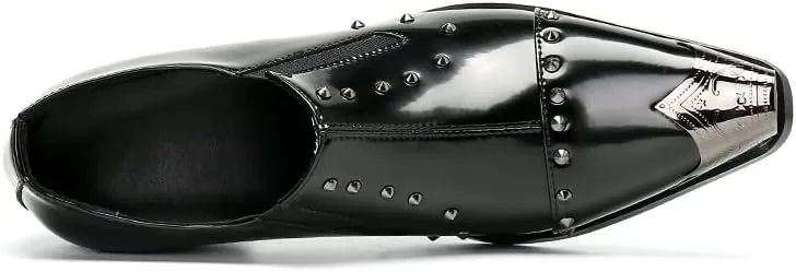 Formal Dress Oxford Shoes for Men High Heel Slip On Metal Toe Studs Decoration Flat Heel Slip On for Party Genuine Leather