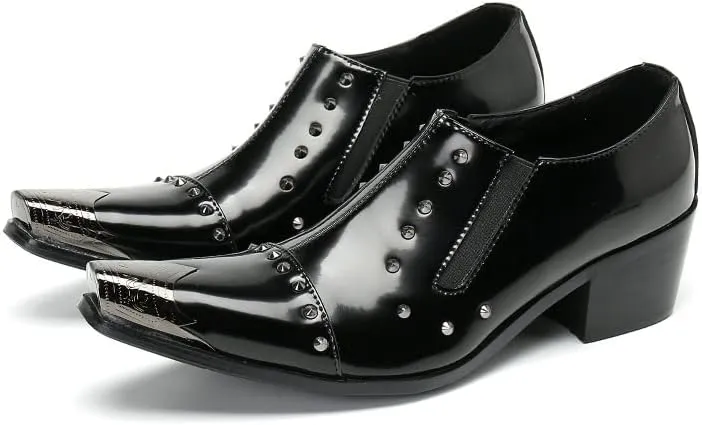 Formal Dress Oxford Shoes for Men High Heel Slip On Metal Toe Studs Decoration Flat Heel Slip On for Party Genuine Leather