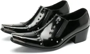 Formal Dress Oxford Shoes for Men High Heel Slip On Metal Toe Studs Decoration Flat Heel Slip On for Party Genuine Leather