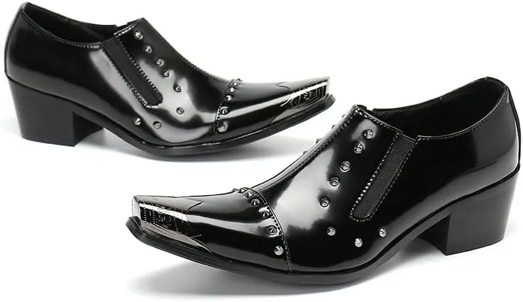 Formal Dress Oxford Shoes for Men High Heel Slip On Metal Toe Studs Decoration Flat Heel Slip On for Party Genuine Leather