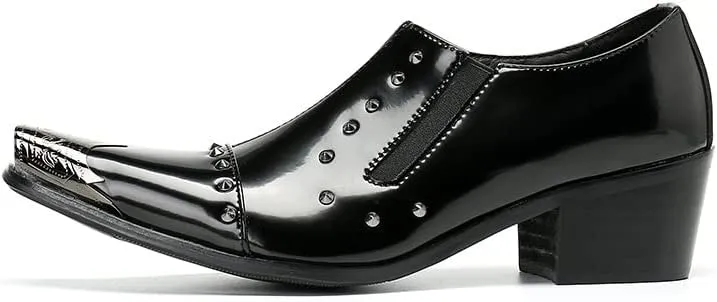 Formal Dress Oxford Shoes for Men High Heel Slip On Metal Toe Studs Decoration Flat Heel Slip On for Party Genuine Leather