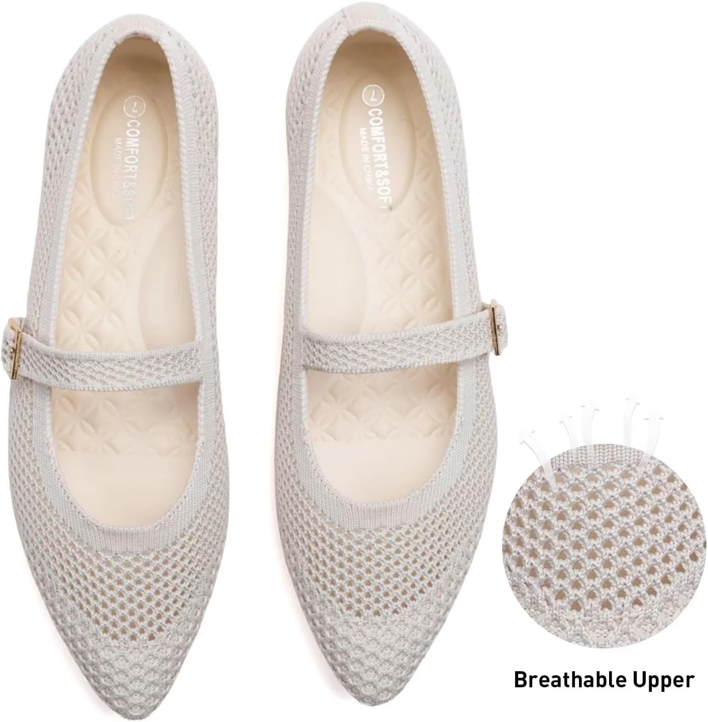 Frank Mully Women's Mesh Flats Mary Jane Shoes Pointed Toe Lightweight with Adjustable Instep Strap Knit Flat Shoes for Women Dressy Casual Washable Walking Shoes