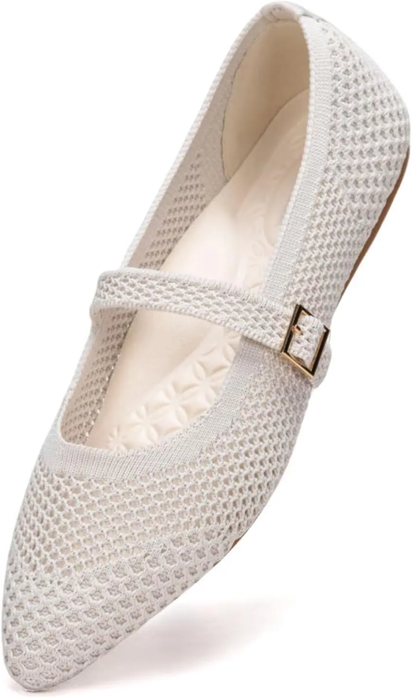 Frank Mully Women's Mesh Flats Mary Jane Shoes Pointed Toe Lightweight with Adjustable Instep Strap Knit Flat Shoes for Women Dressy Casual Washable Walking Shoes