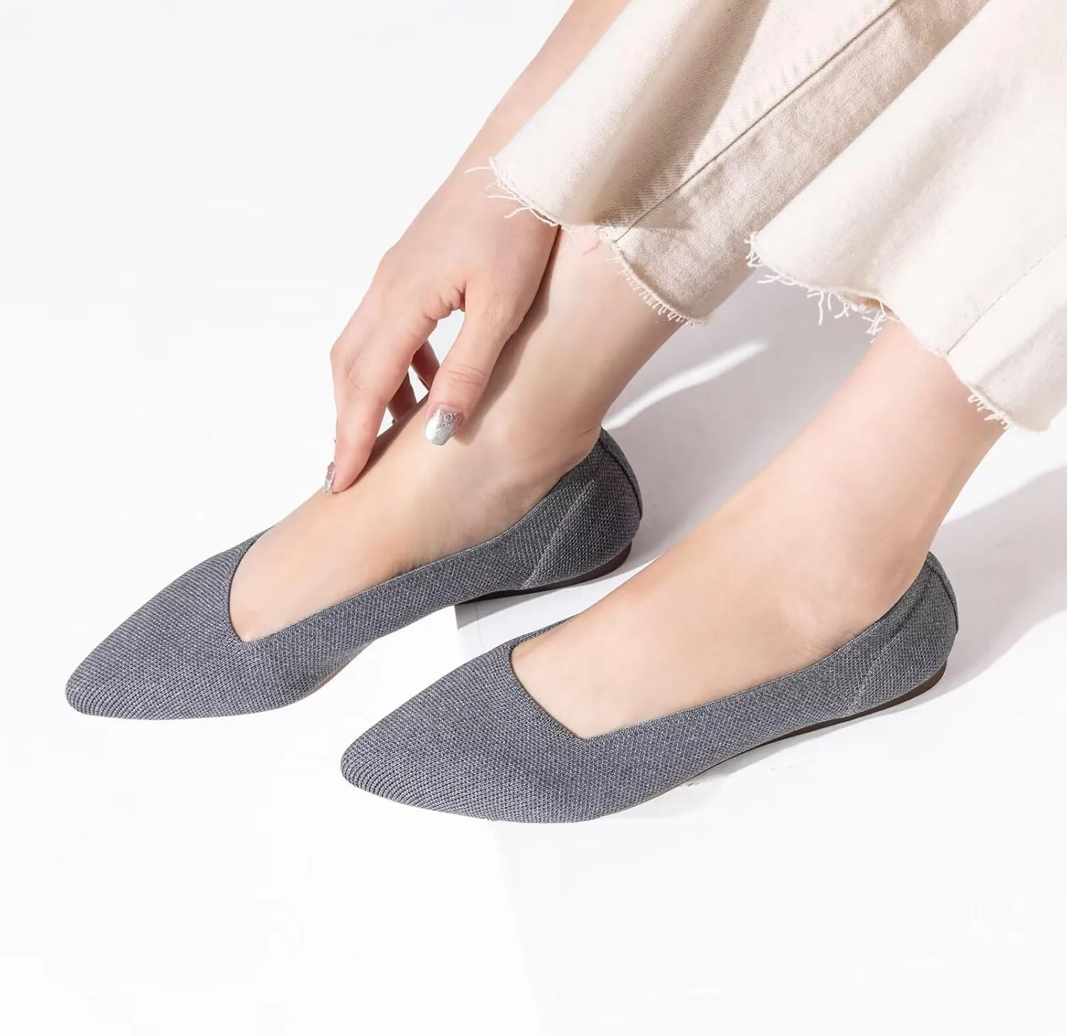 Frank Mully Womens Pointed Toe Flats Knit Dress Shoes Comfort Women Shoes Slip On Shoes for Woman Classic Softable Shoes Low Wedge