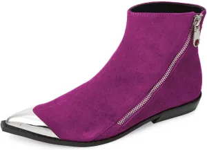 FSJ Women Comfy Western Flat Ankle Boots Low Heel Pointed Toe Side Zipper Booties Dress Daily Work Shoes Size 4-15 US