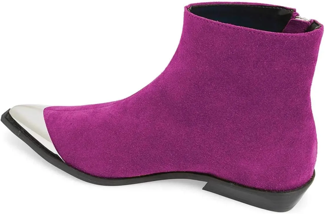 FSJ Women Comfy Western Flat Ankle Boots Low Heel Pointed Toe Side Zipper Booties Dress Daily Work Shoes Size 4-15 US