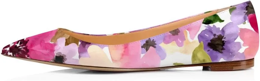 FSJ Women Fresh Floral Printed Flat Pumps Pointed Toe Slip On Party Dress Shoe for Comfort Casual Outfits 4-15 US
