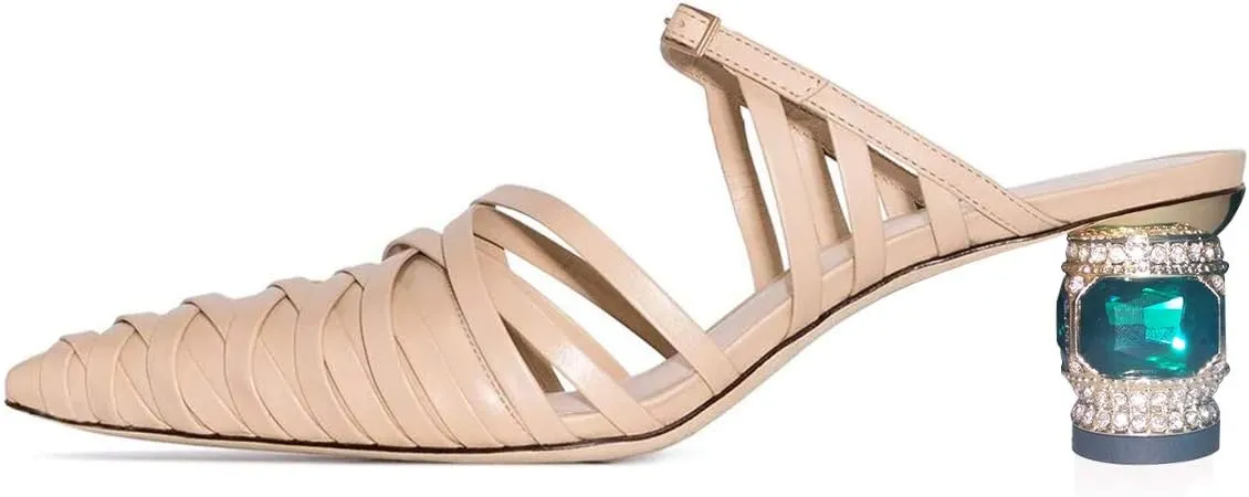 FSJ Women Strappy Crystal Mid Heel Sandals Pointed Toe Slip On Mule Pumps Cutout Chic Shoes