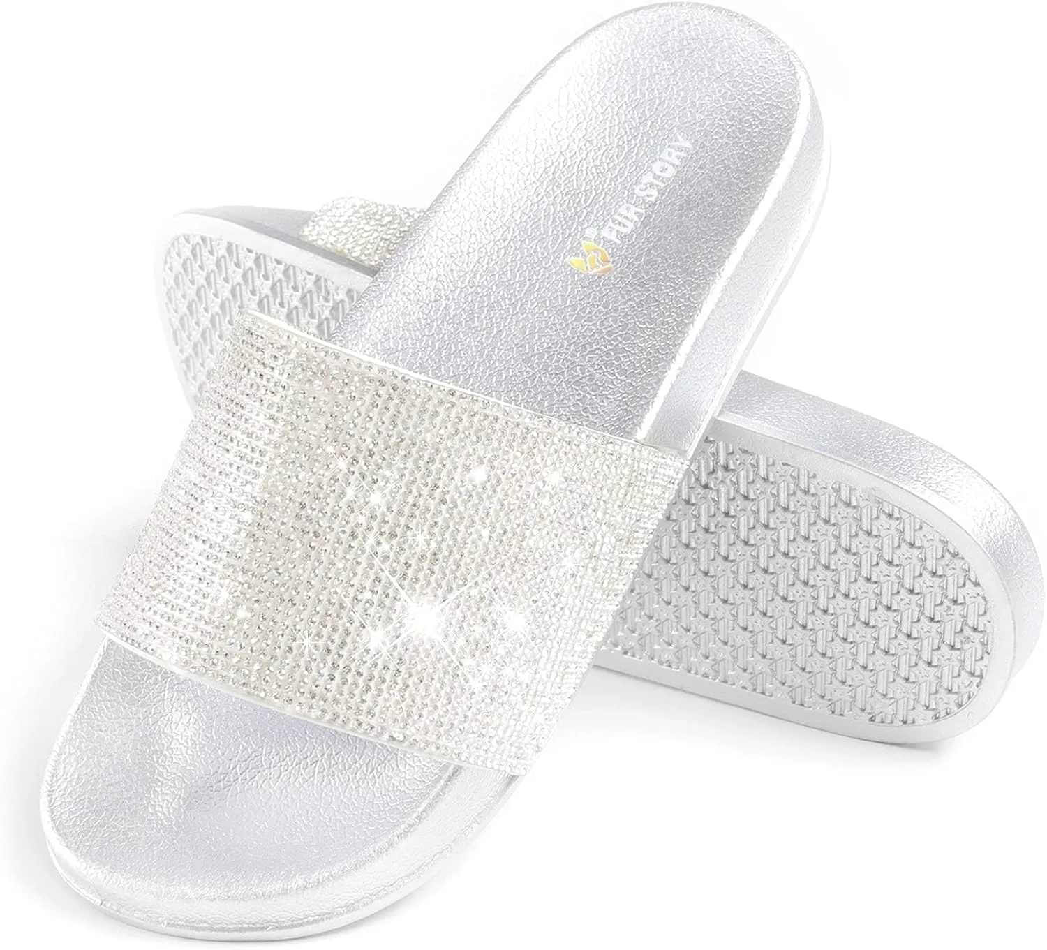 Fur Story Womens Slides House Slippers Rhinestone Glitter Slides Cute bling Flat for Women Platform Sandals Cozy Bedroom Slippers Shower Shoes