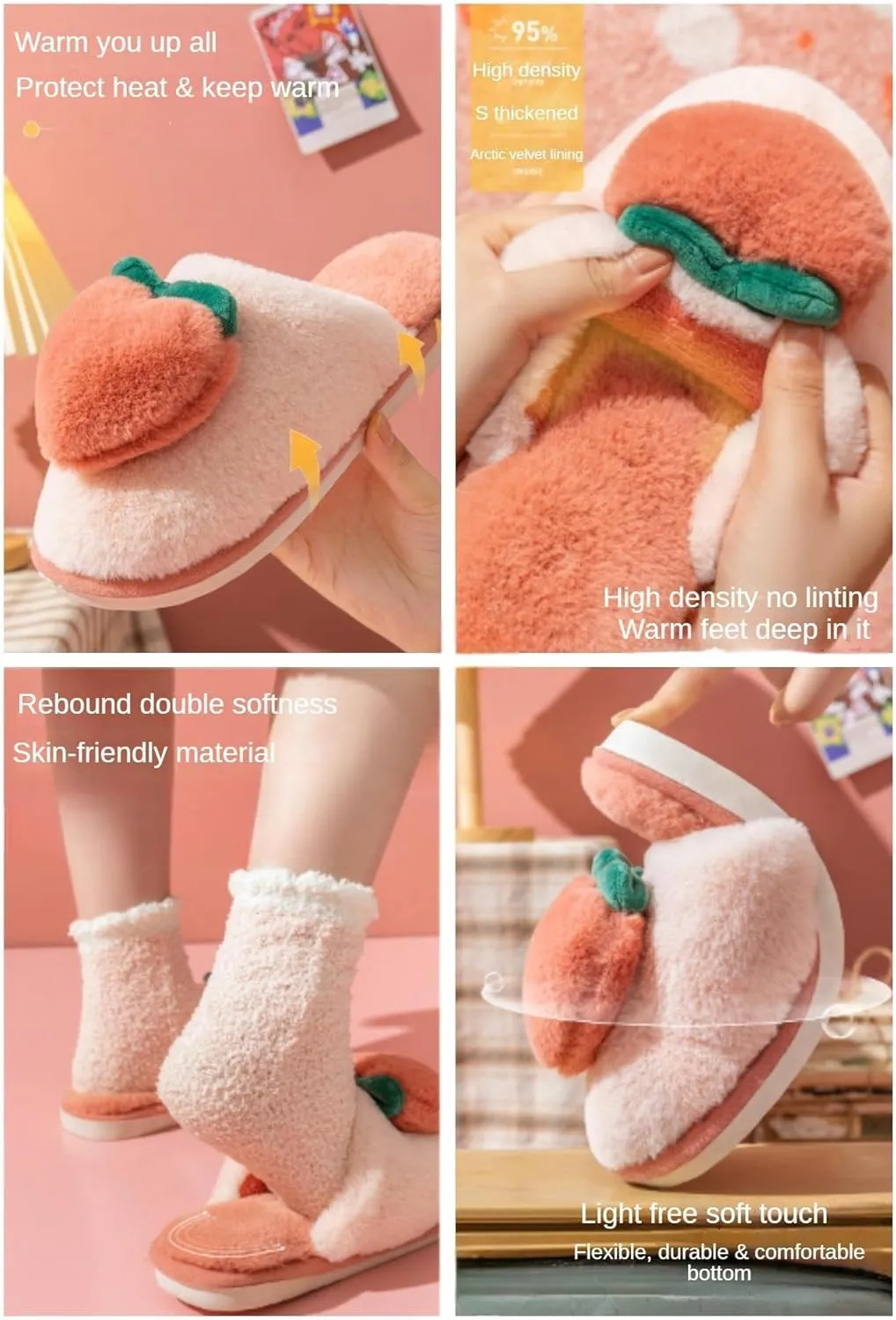 Fuzzy Slipper Winter Fluffy Slippers Peach Cute Slippers For Women Comfortable Warm House Shoes Slippers