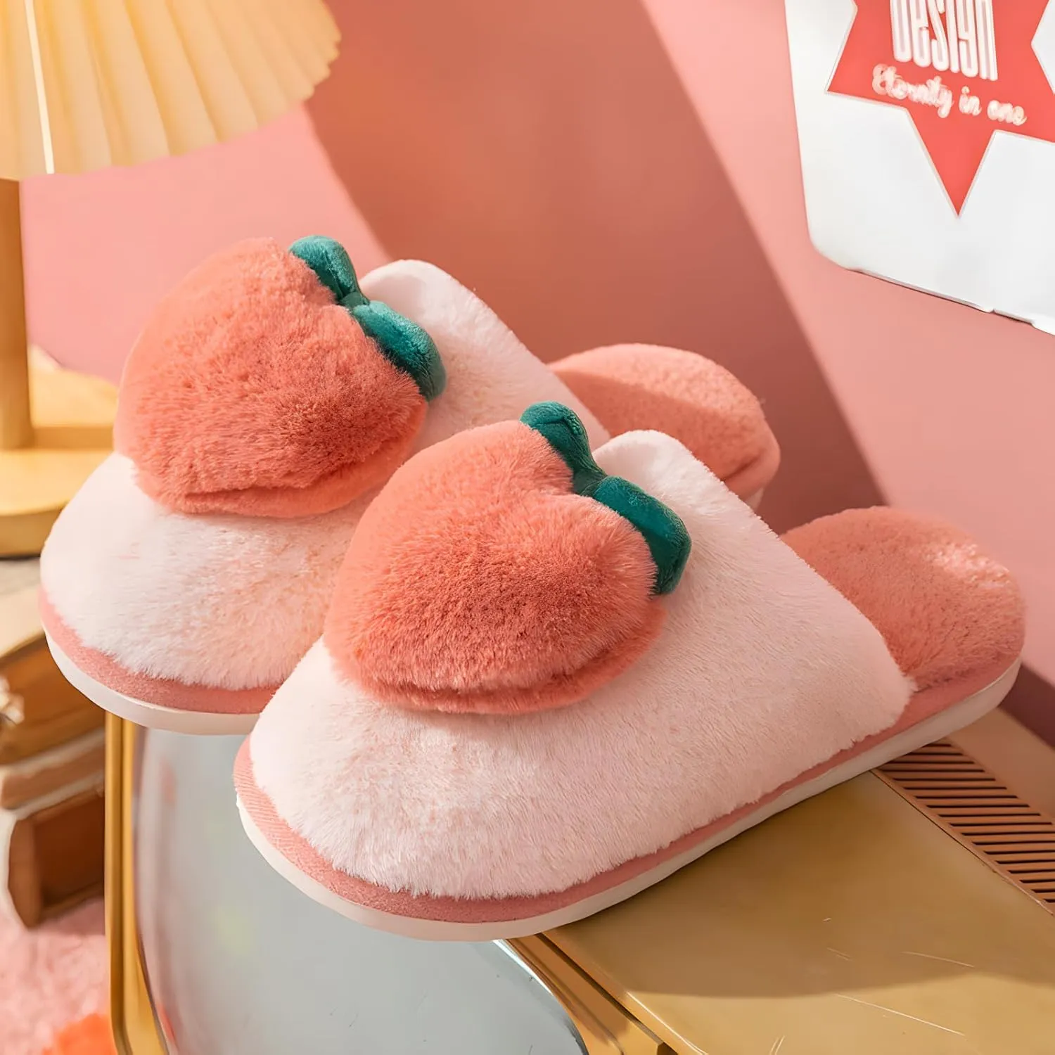 Fuzzy Slipper Winter Fluffy Slippers Peach Cute Slippers For Women Comfortable Warm House Shoes Slippers