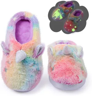 Fuzzy Unicorn Slippers for Boys Girls, Glow in the Dark Memory Foam House Slipper, Anti Slip Soles(Little Kid/Big Kid)