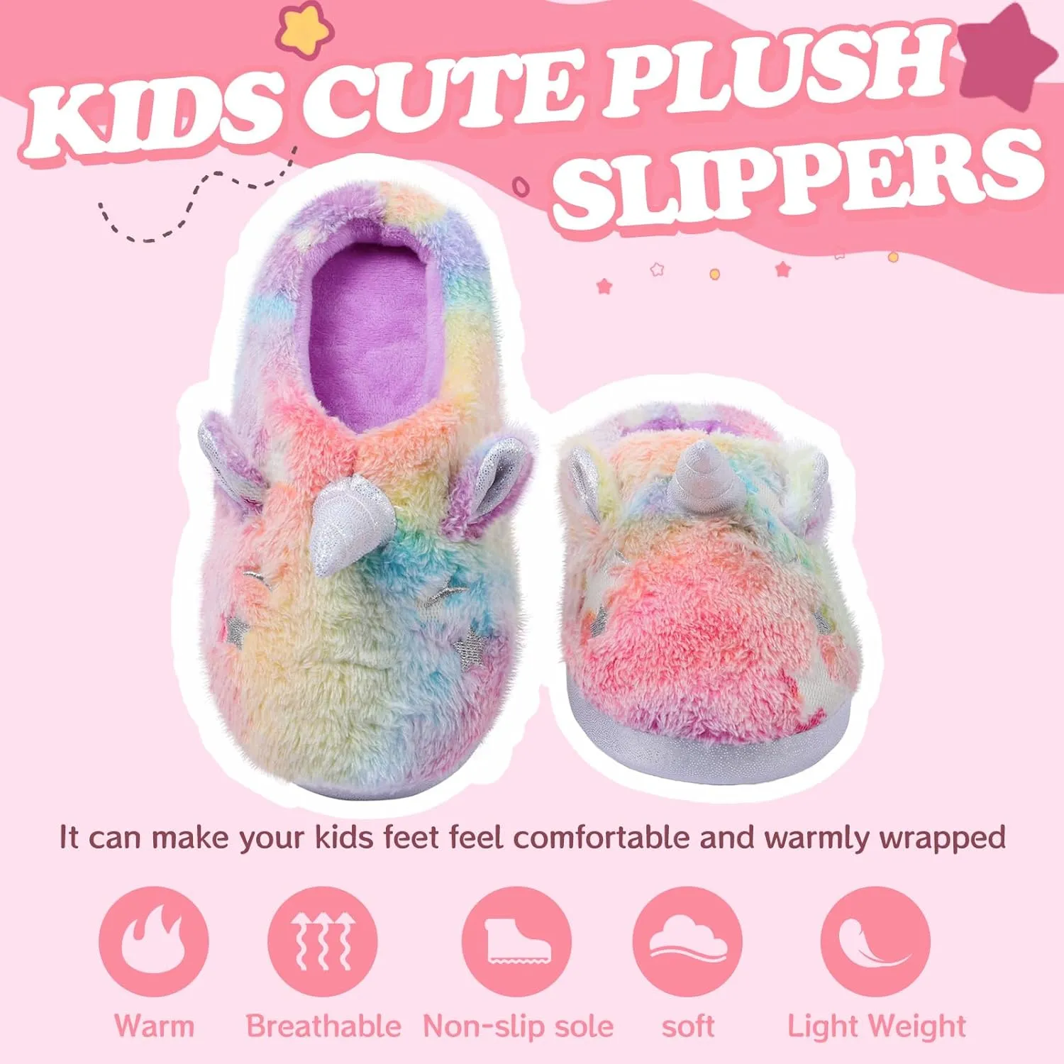 Fuzzy Unicorn Slippers for Boys Girls, Glow in the Dark Memory Foam House Slipper, Anti Slip Soles(Little Kid/Big Kid)