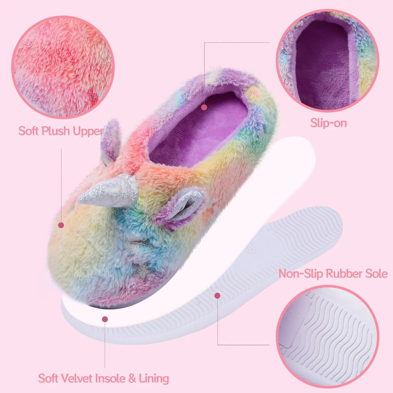 Fuzzy Unicorn Slippers for Boys Girls, Glow in the Dark Memory Foam House Slipper, Anti Slip Soles(Little Kid/Big Kid)