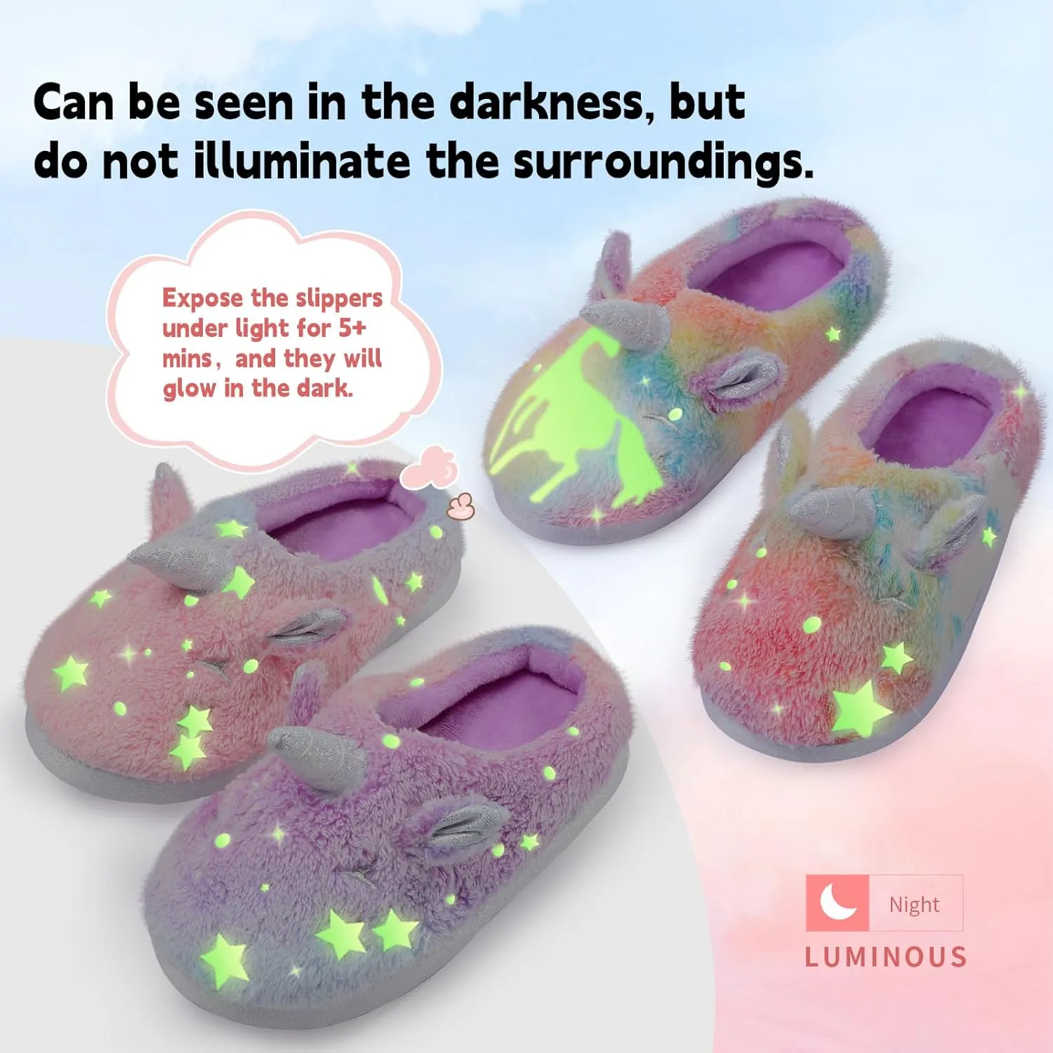 Fuzzy Unicorn Slippers for Boys Girls, Glow in the Dark Memory Foam House Slipper, Anti Slip Soles(Little Kid/Big Kid)