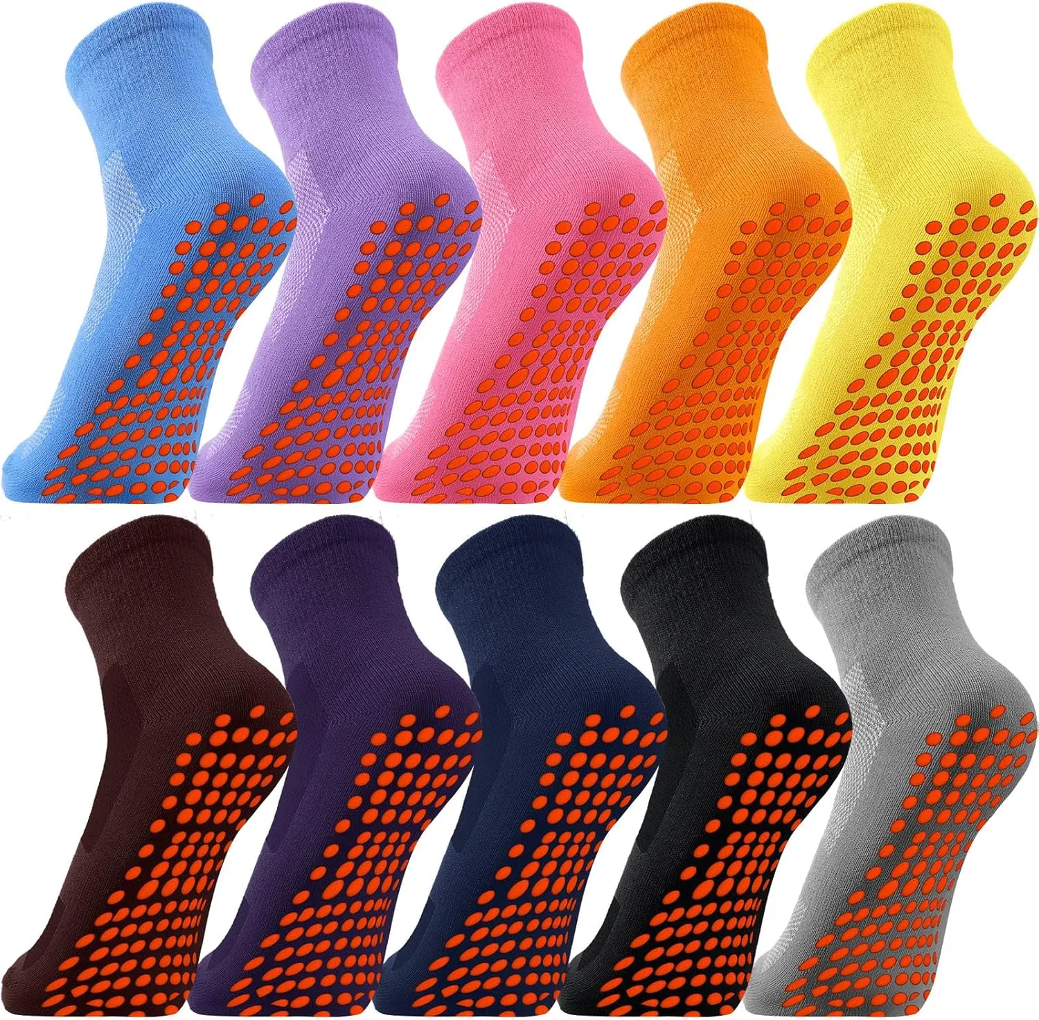 Geyoga 10 Pairs Non Slip Yoga Socks Anti Skid Sticky Grippers Hospital Slipper Socks for Men Women Pilates Ballet Barre