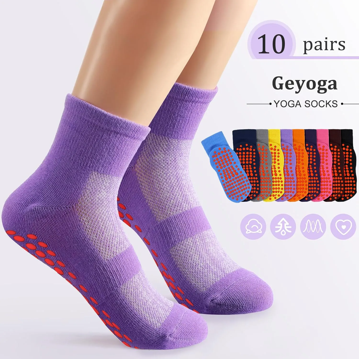 Geyoga 10 Pairs Non Slip Yoga Socks Anti Skid Sticky Grippers Hospital Slipper Socks for Men Women Pilates Ballet Barre