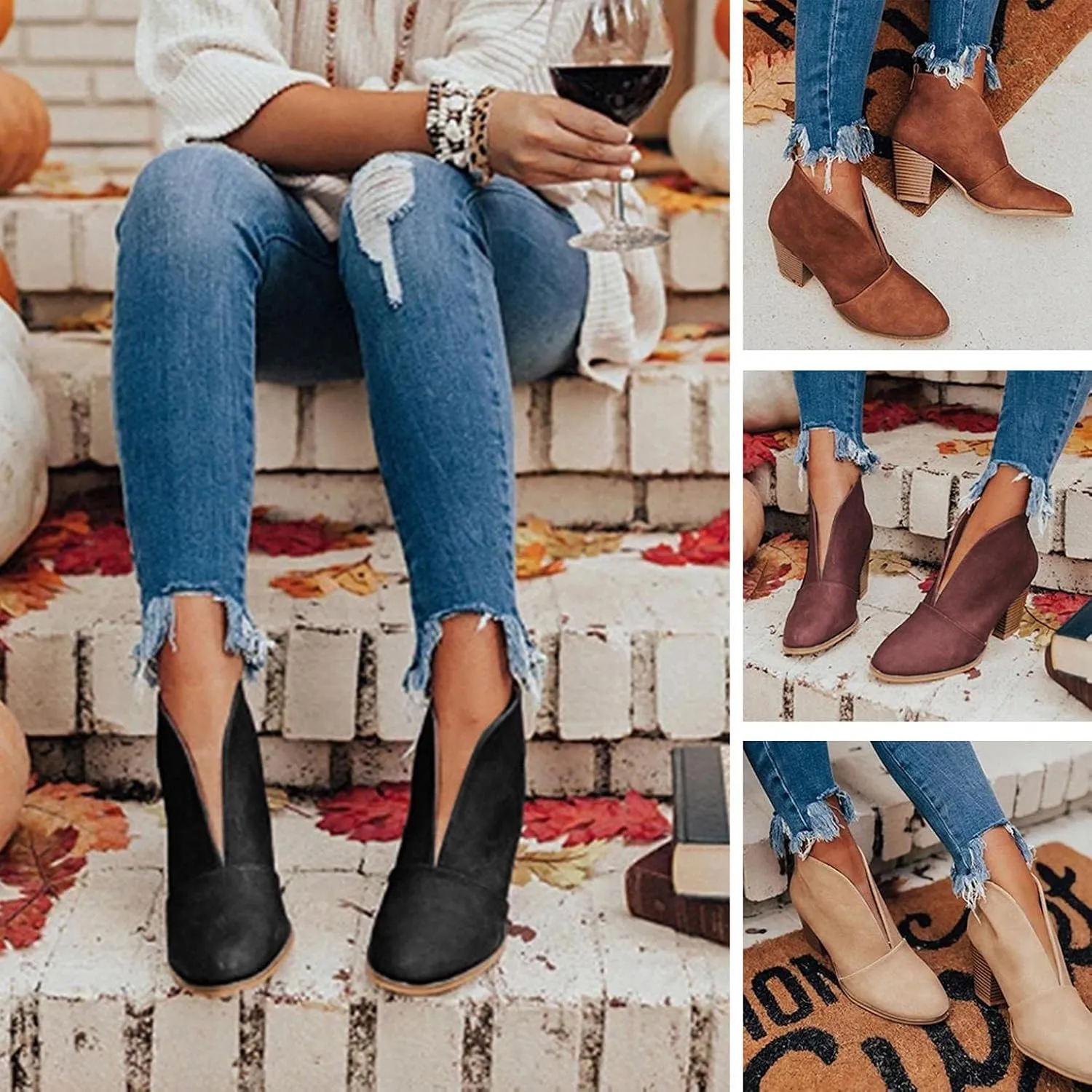 Gibobby Ankle Booties for Women with Heel,Ankle Boots Pointed Toe Faux Leather Stacked Low Heel Side Suede Booties