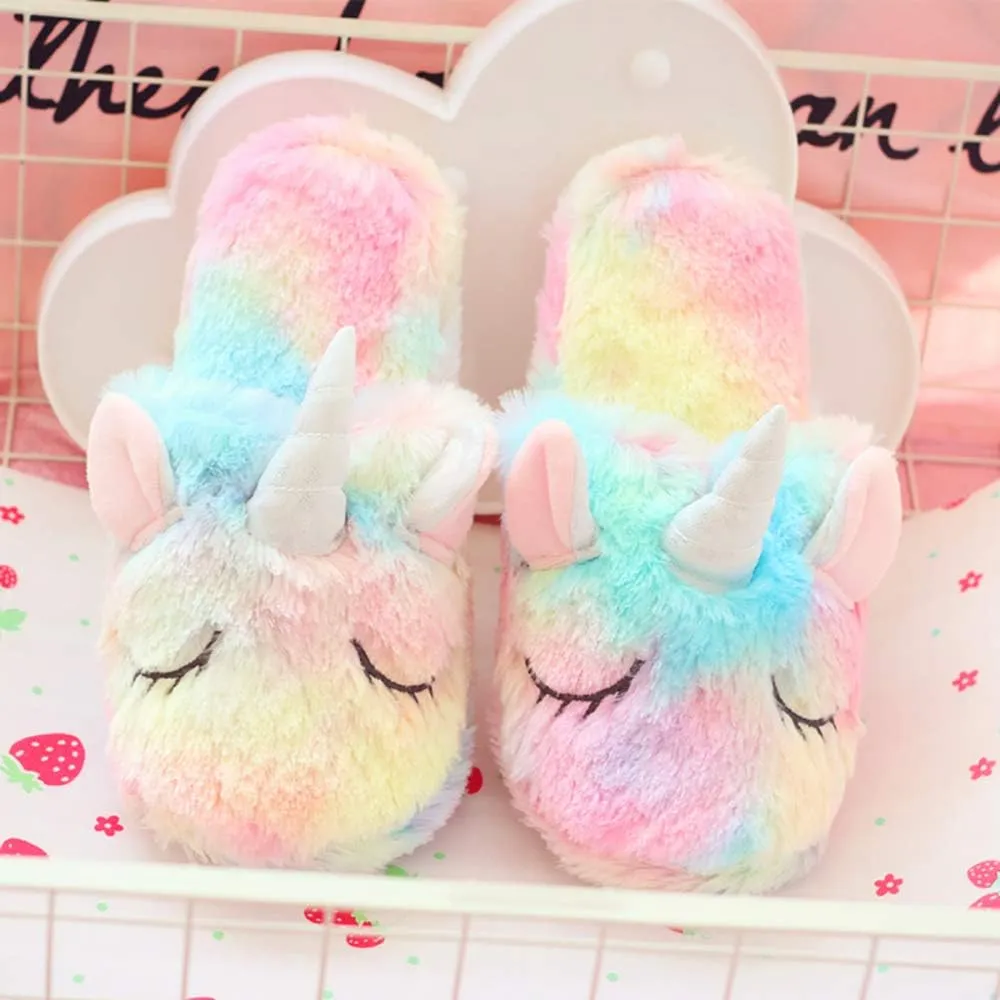 Girls Family Unicorn Slippers Cute Fluffy Anti-Slip Indoor Home Slippers Household Winter Warm Slippers