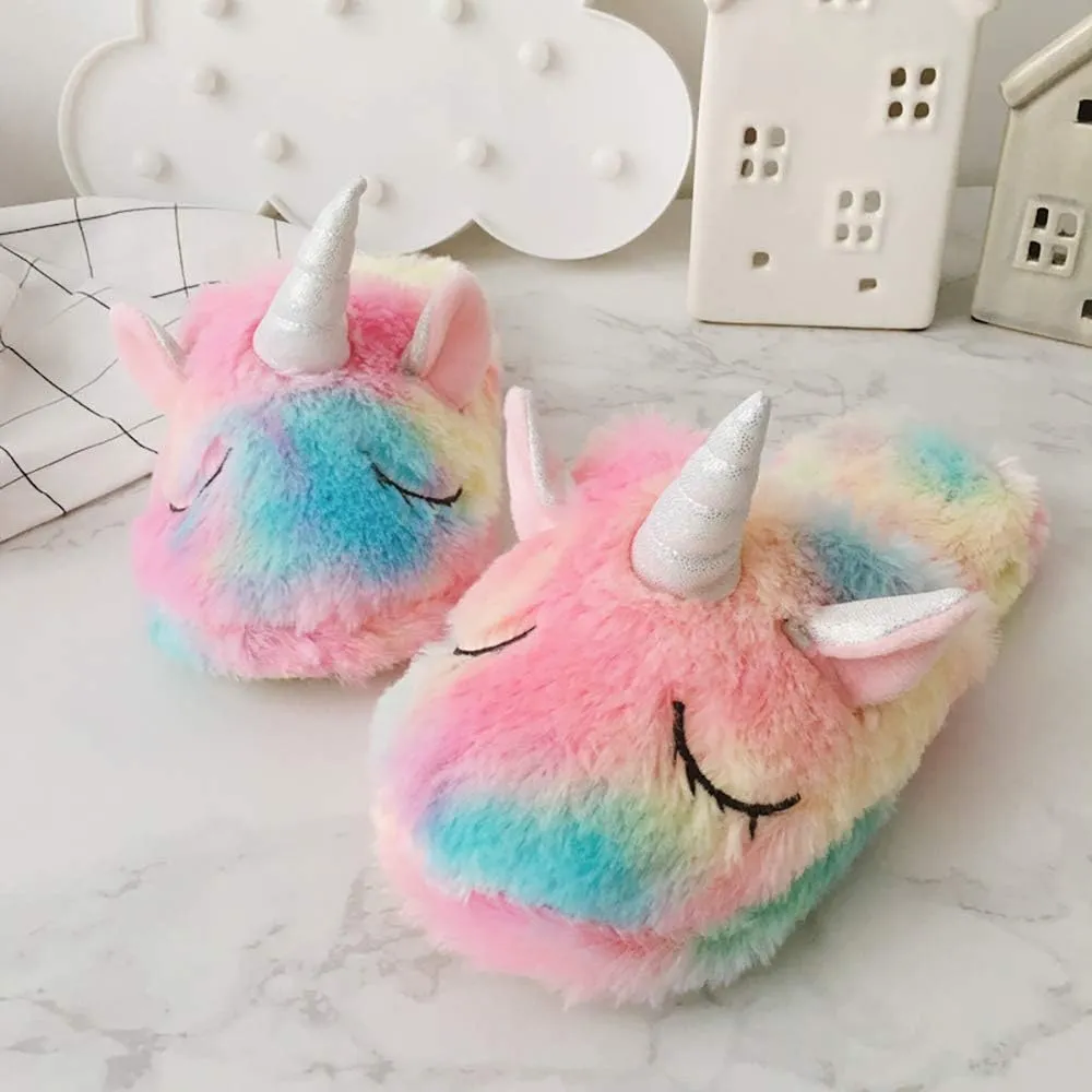 Girls Family Unicorn Slippers Cute Fluffy Anti-Slip Indoor Home Slippers Household Winter Warm Slippers