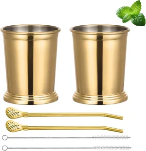 Gold Mint Julep Cups Set of 2 Stainless Steel Mint Julep Glasses with Straws 12oz Pint Glasses Kentucky Party Supplies