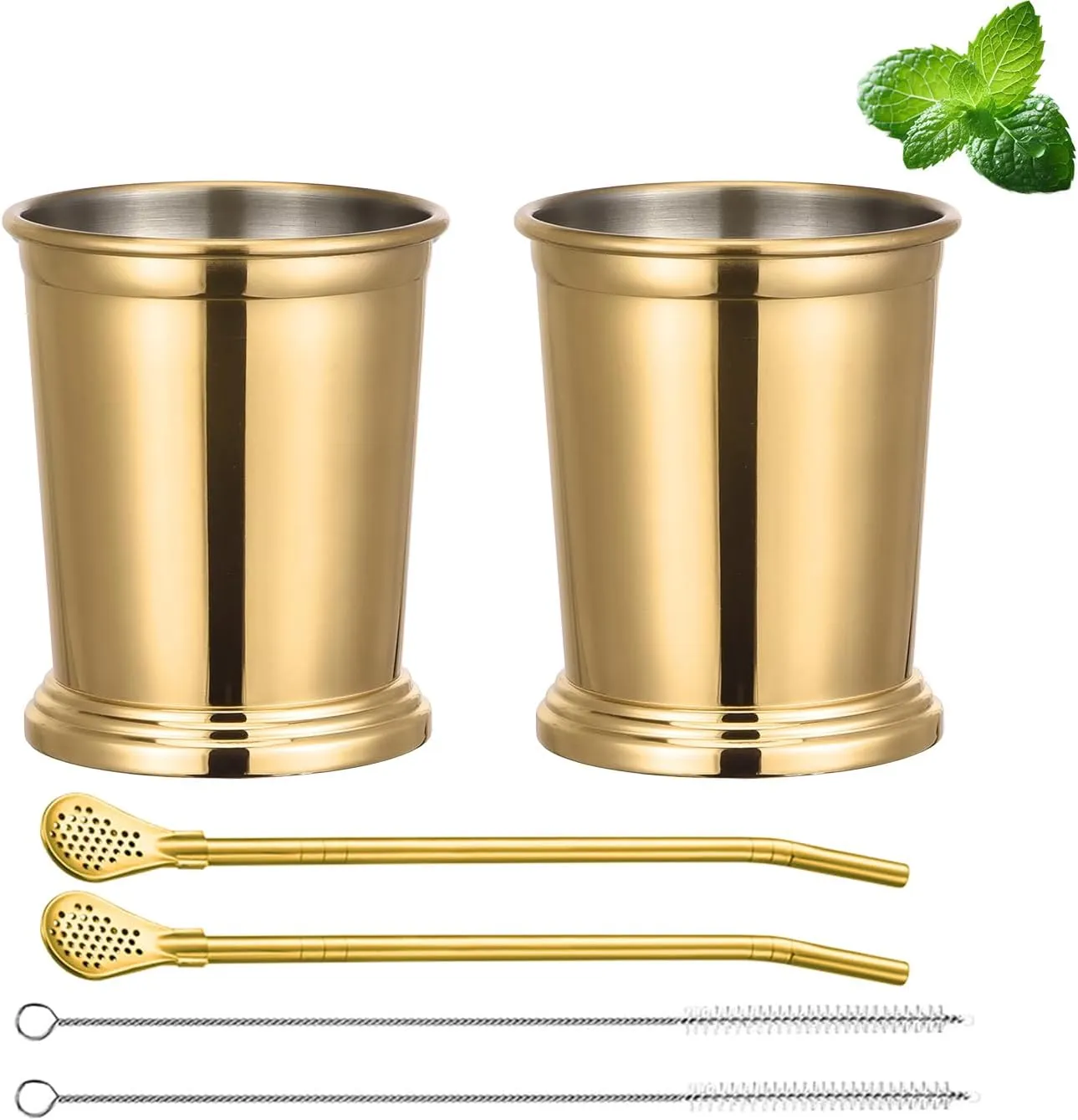 Gold Mint Julep Cups Set of 2 Stainless Steel Mint Julep Glasses with Straws 12oz Pint Glasses Kentucky Party Supplies
