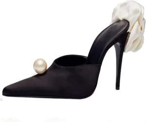 Goolita Flower Burgundy Pearl Mule Heels For Women, Stiletto Heel Slip On Pointed Toe Heeled Sandals Sexy Backless Party Heeled Slide Sandals