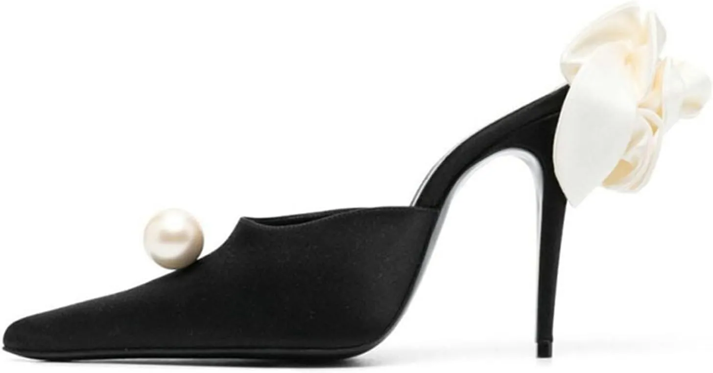 Goolita Flower Burgundy Pearl Mule Heels For Women, Stiletto Heel Slip On Pointed Toe Heeled Sandals Sexy Backless Party Heeled Slide Sandals