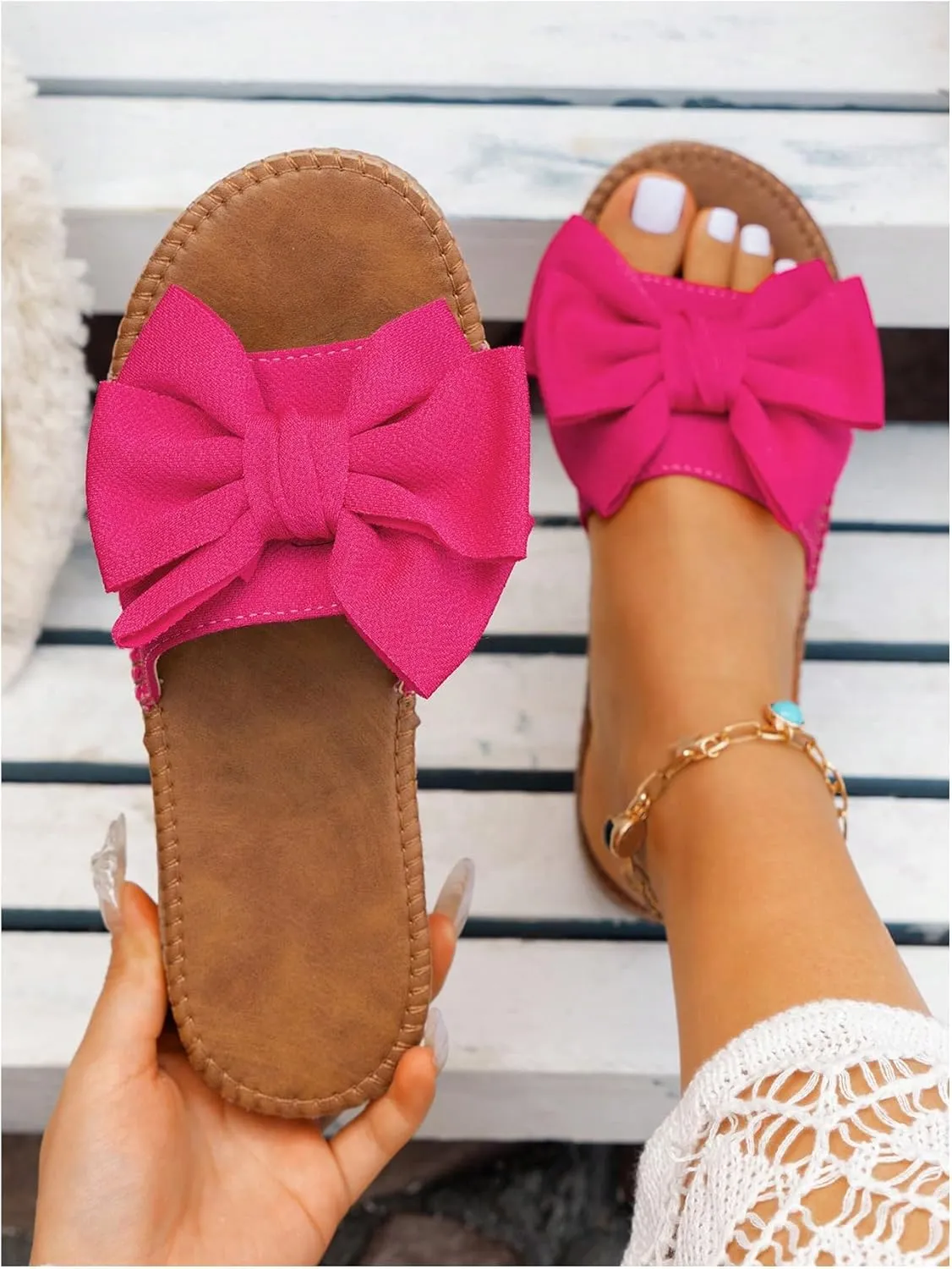 GORGLITTER Women's Bow Knot Flat Sandals Open Toe Slip On Slide Slipper Single Band Flats