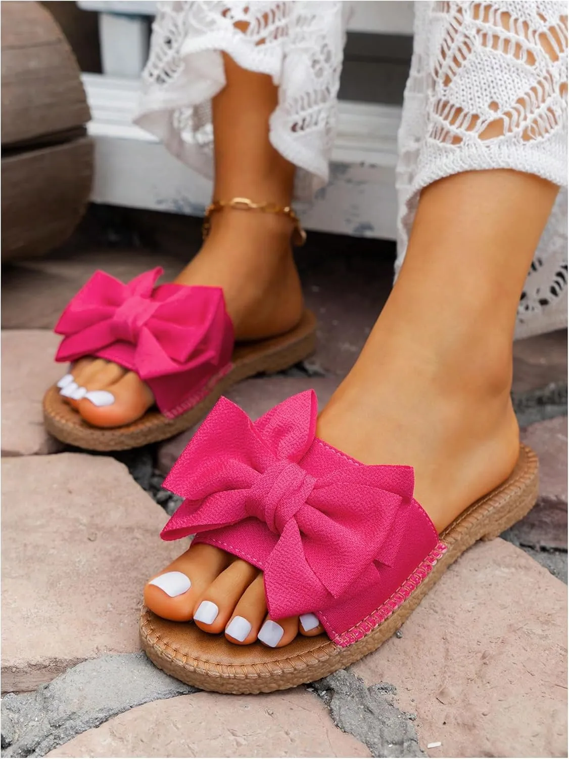 GORGLITTER Women's Bow Knot Flat Sandals Open Toe Slip On Slide Slipper Single Band Flats