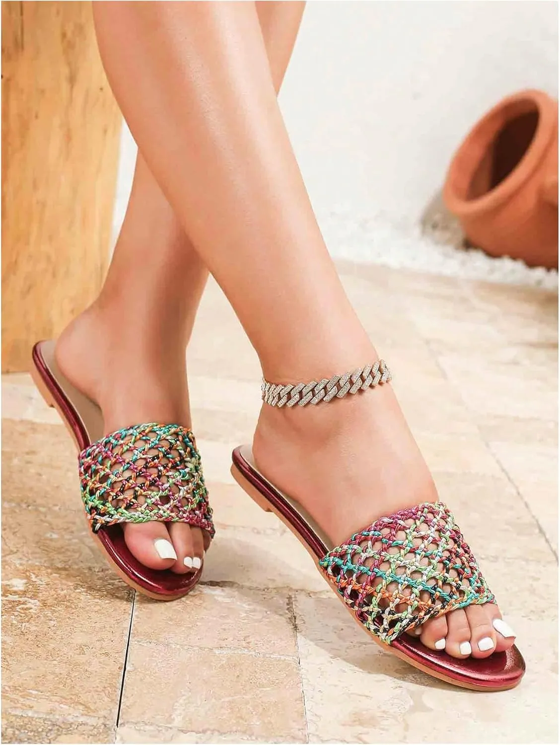 GORGLITTER Women's Crochet Boho Sandals Hollow Out Flat Dress Slip On Open Toe Slides