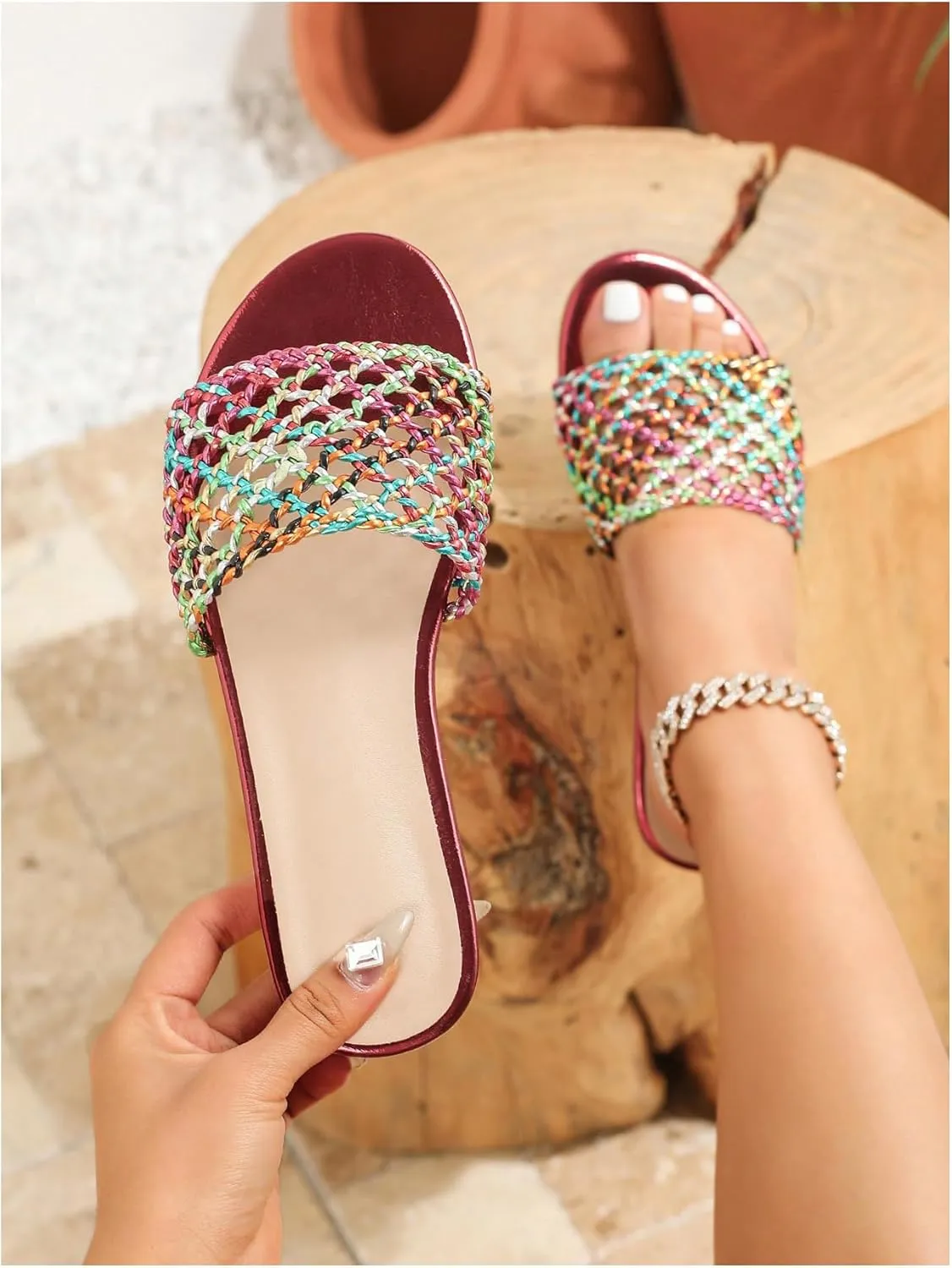 GORGLITTER Women's Crochet Boho Sandals Hollow Out Flat Dress Slip On Open Toe Slides