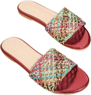 GORGLITTER Women's Crochet Boho Sandals Hollow Out Flat Dress Slip On Open Toe Slides