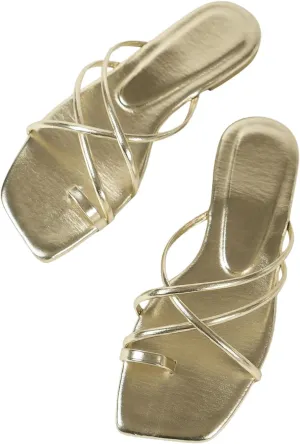 GORGLITTER Women's Sandals Dressy Metallic Strappy Flat Sandals Cute Slip On Sandals Summer