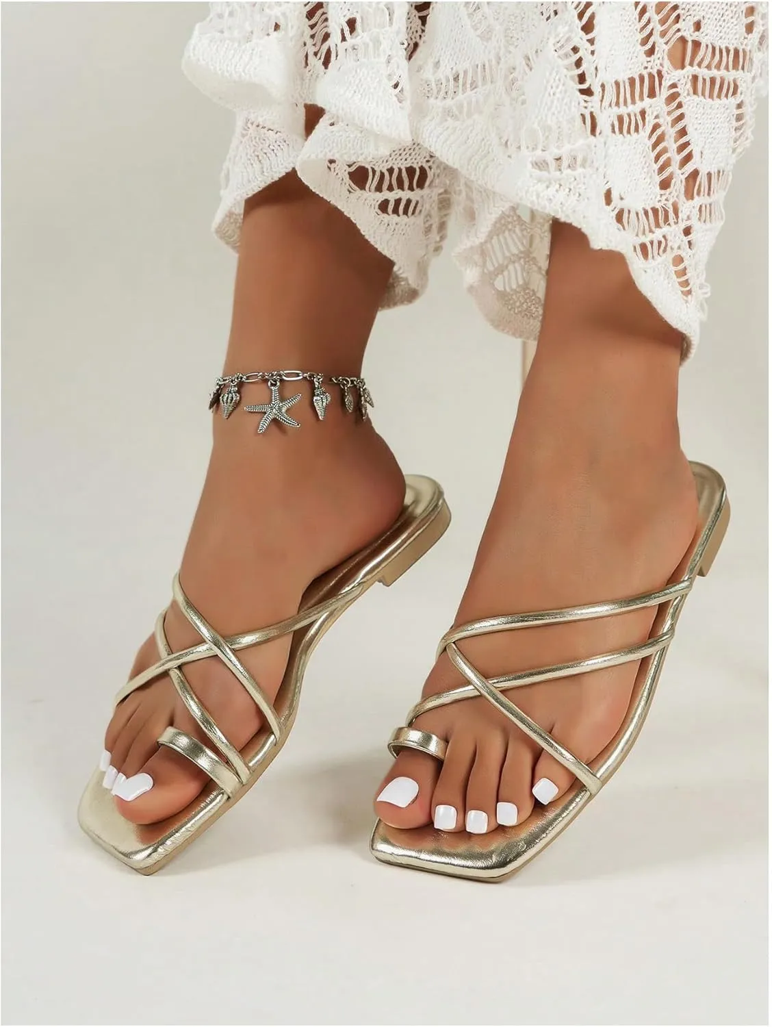 GORGLITTER Women's Sandals Dressy Metallic Strappy Flat Sandals Cute Slip On Sandals Summer