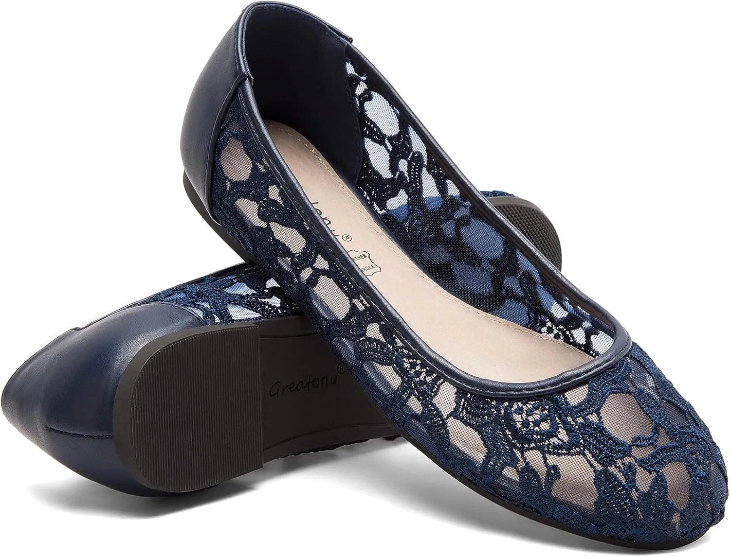 Greatonu Women's Flats Cut Out Round Toe Slip On Floral Ballet Flat Comfortable Lace Flats Dressy
