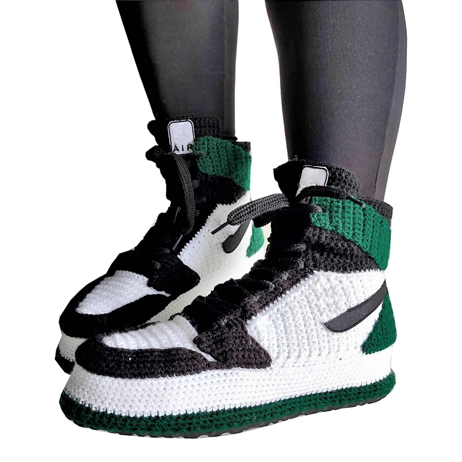 Green Crochet Sneakers Slippers Plush Indoor Shoes, Custom Knitted Sneakers, High Top Basketball Gift, Personalized Gothic Hypebeast Art, Rare Sneakers Plush