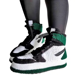 Green Crochet Sneakers Slippers Plush Indoor Shoes, Custom Knitted Sneakers, High Top Basketball Gift, Personalized Gothic Hypebeast Art, Rare Sneakers Plush
