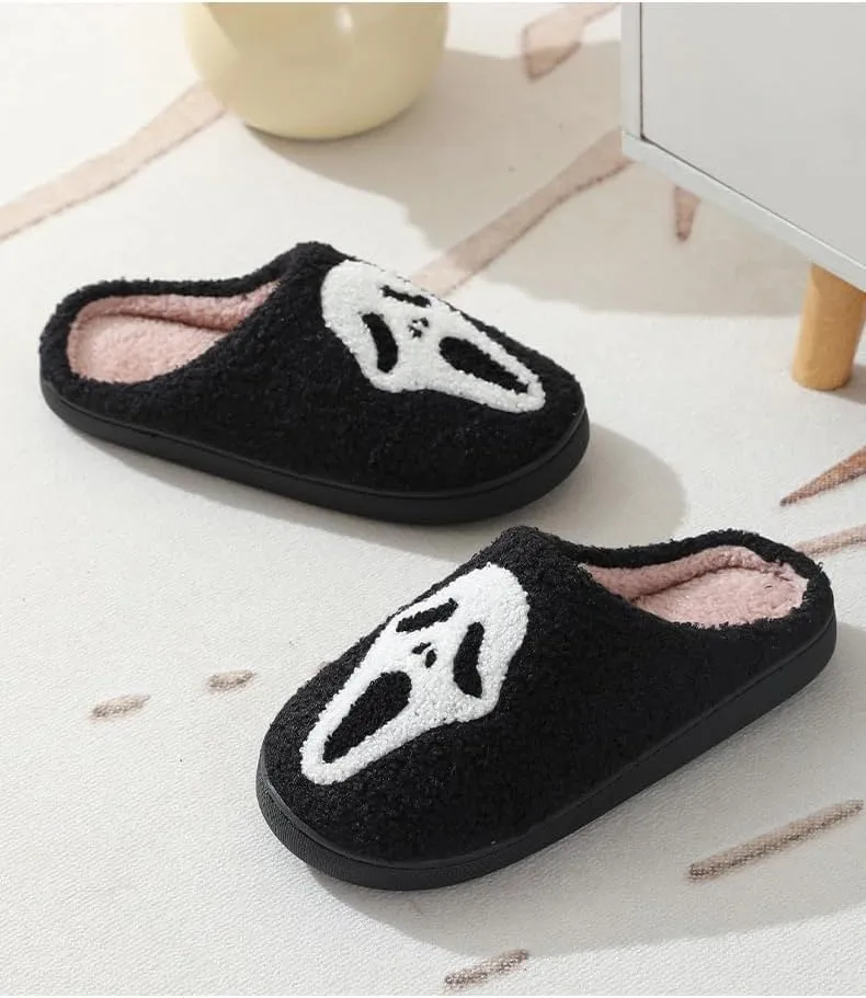 Halloween Skull Plush Slippers for Women Men Anti-slip Soft Sole House Shoes，Cozy Warm Fuzzy Ghost Face Slippers