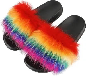 Hangrui Women's Faux Fur Slides, Open Toe Cute Slippers, Comfortable Sandals with Fluffy Fur