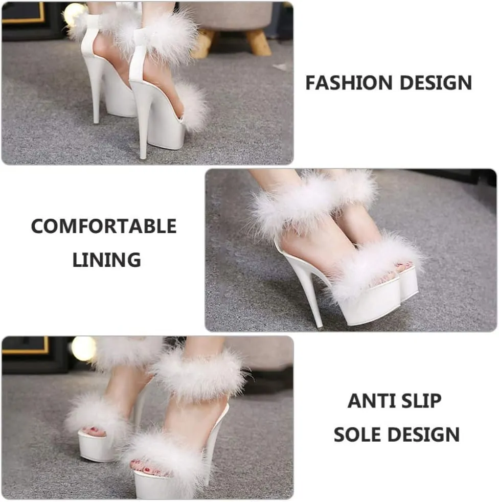 Happyyami 1Pair WomenS Fluffy Feather Clear High Heels Faux Fur Heels Sandals Pointed Toe Fuzzy Slippers High Heels Sandals