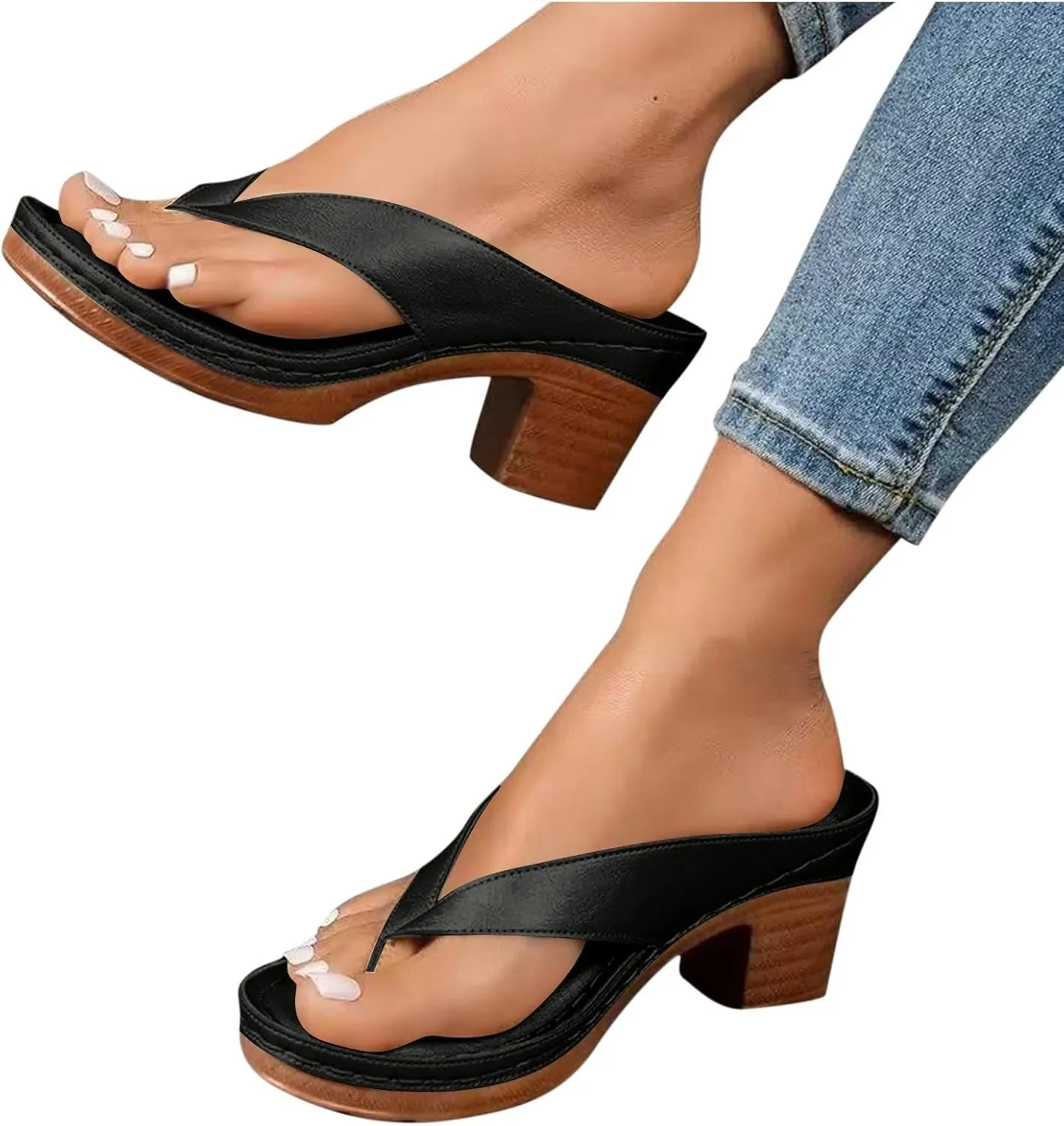 Heels for Women Flip Flops Block Low Heel Thong Sandals Summer Dressy Orthopedic Sandal Arch Support Slip On Heels
