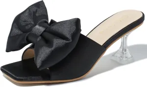 Heiyom Women's Bow Clear Heels Slippers Dress Sandals Square Toe Stiletto Mules Slip on Wedding Prom Shoes