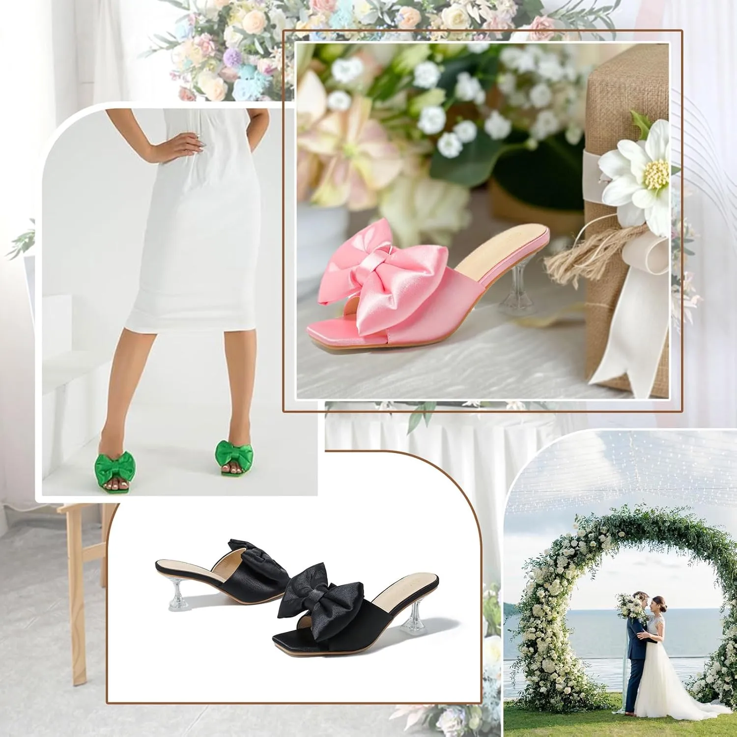 Heiyom Women's Bow Clear Heels Slippers Dress Sandals Square Toe Stiletto Mules Slip on Wedding Prom Shoes
