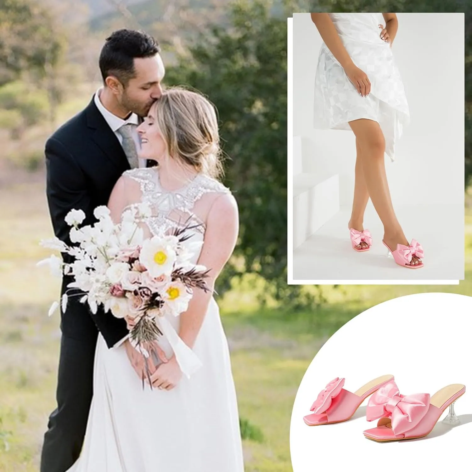 Heiyom Women's Bow Clear Heels Slippers Dress Sandals Square Toe Stiletto Mules Slip on Wedding Prom Shoes