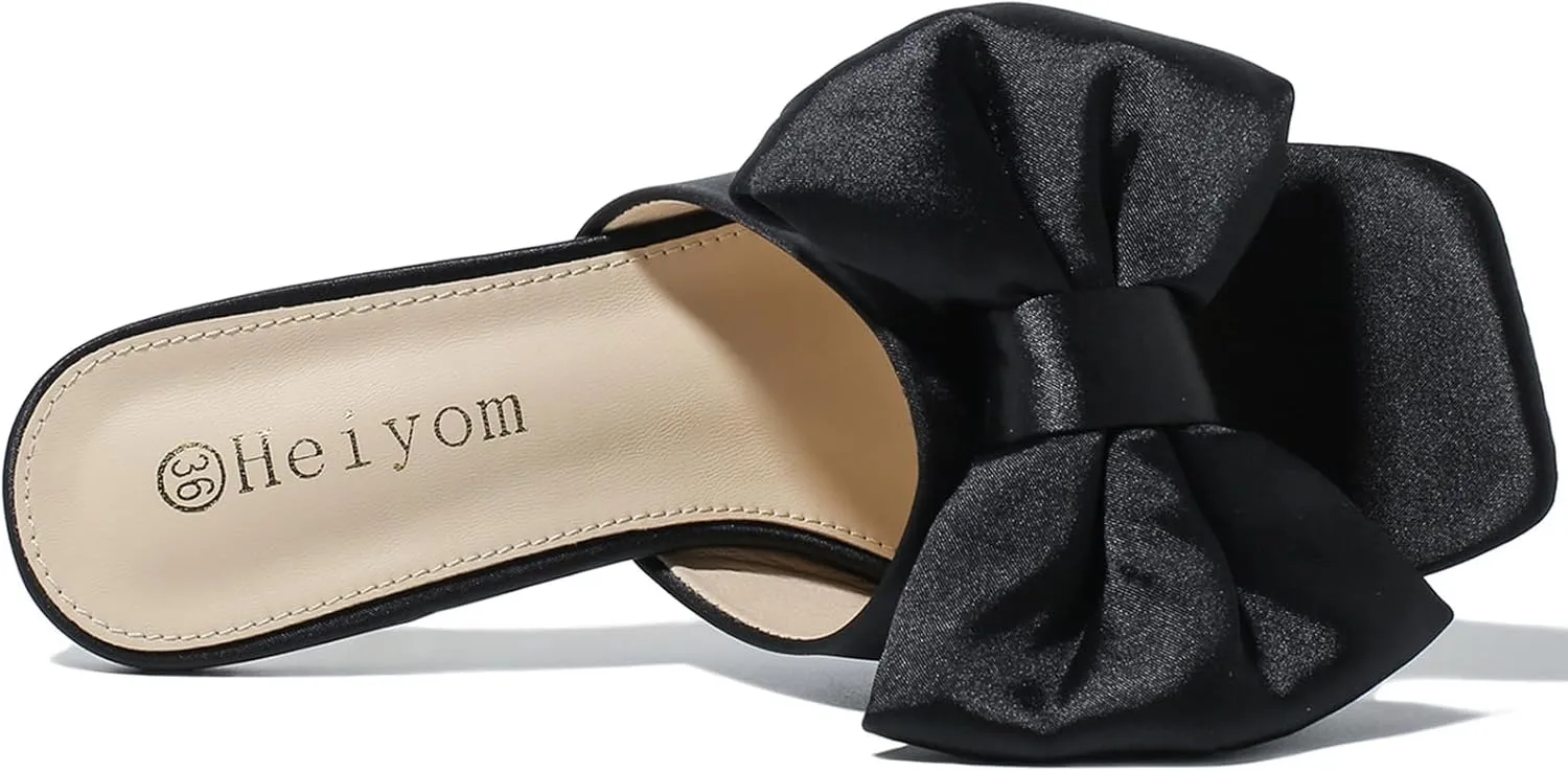 Heiyom Women's Bow Clear Heels Slippers Dress Sandals Square Toe Stiletto Mules Slip on Wedding Prom Shoes