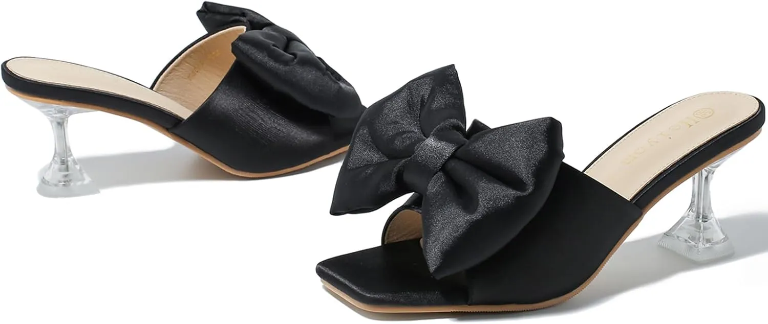 Heiyom Women's Bow Clear Heels Slippers Dress Sandals Square Toe Stiletto Mules Slip on Wedding Prom Shoes