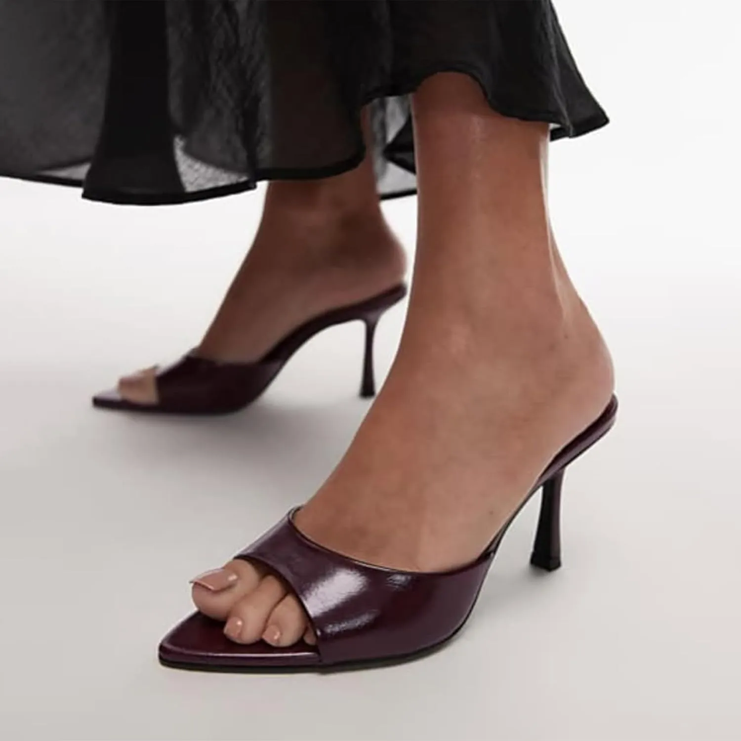 High Heel Mules for Women Slip On Open Pointed Toe Classy Patent Leather Stiletto Pumps Formal Slingback Mule Sandals Dress Walking Shoes