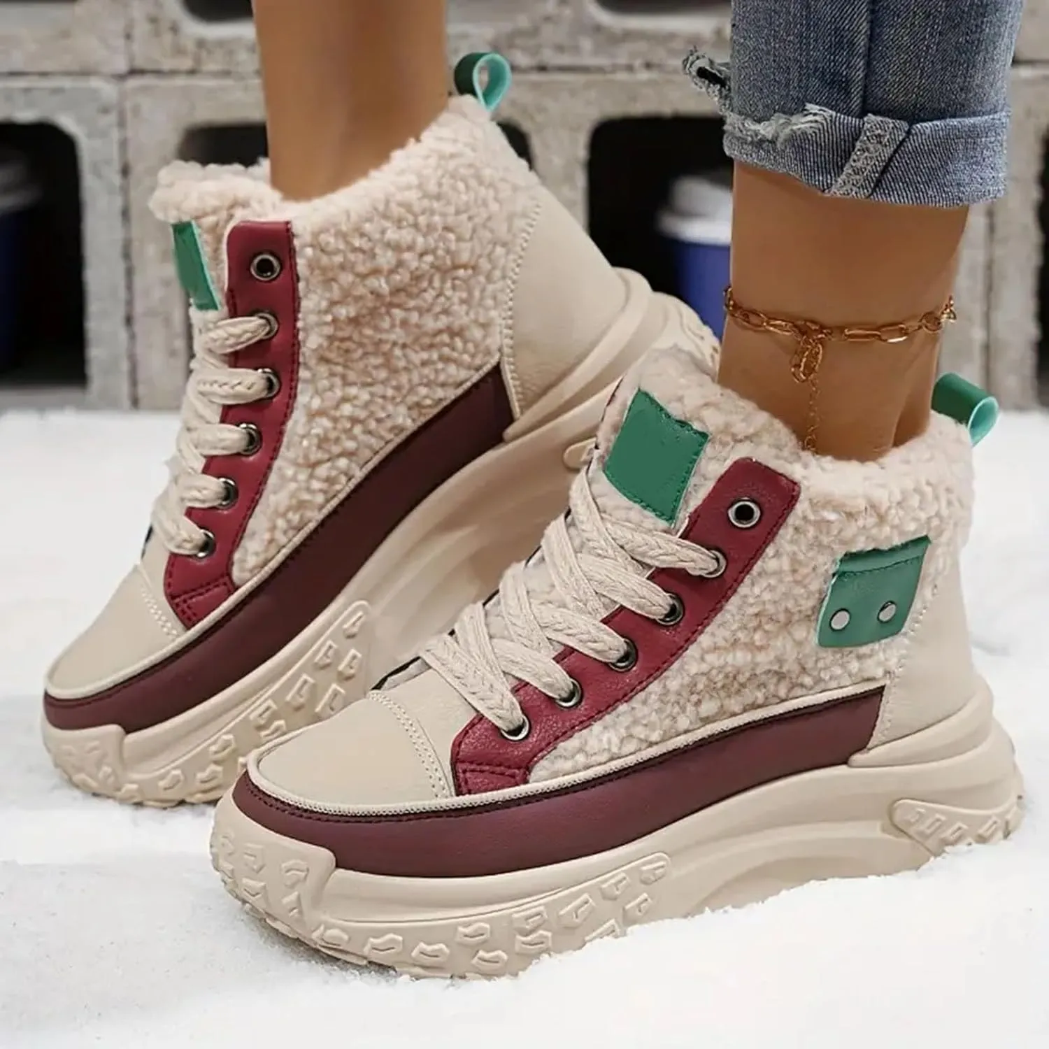 High Top Sneakers for Women Casual Winter Warm Platform Sneakers with Faux Fur Fleece Lining