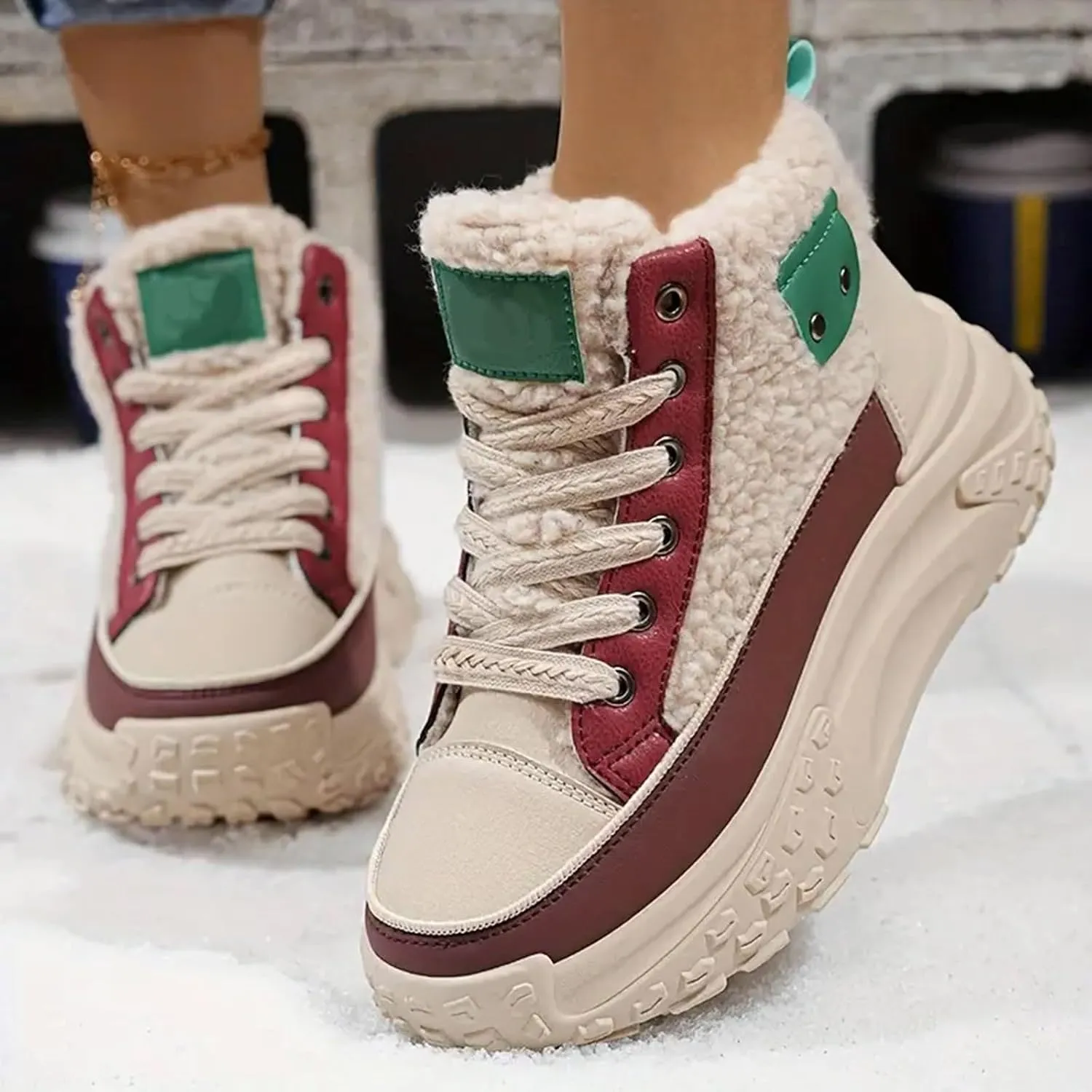 High Top Sneakers for Women Casual Winter Warm Platform Sneakers with Faux Fur Fleece Lining